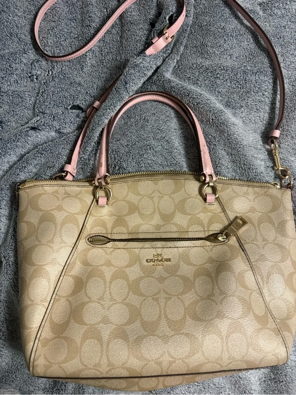 Coach Beige Signature Tote with Pink Trim and Strap